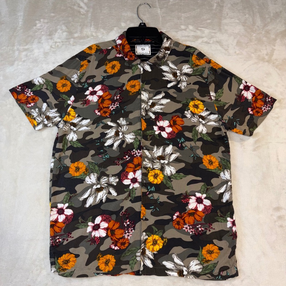 Denim & Flower Ricky Singh Mens Camo Floral Viscose Short Sleeve Shirt Large